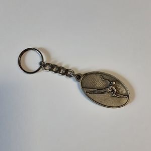 Pewter Keychain Skier Skiing Key Ring Vintage